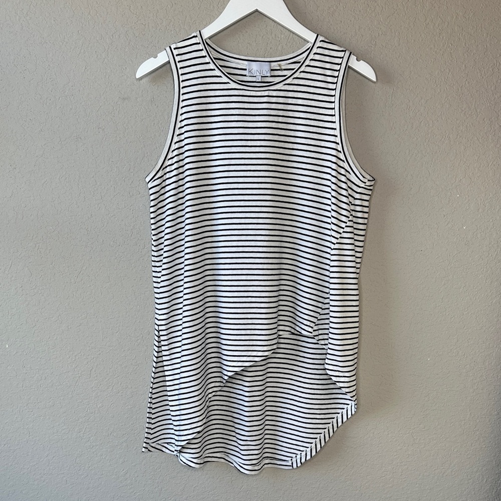 Kinly Linen Cotton Tank Top Black and White Striped‎ Asymmetrical Hem Size L